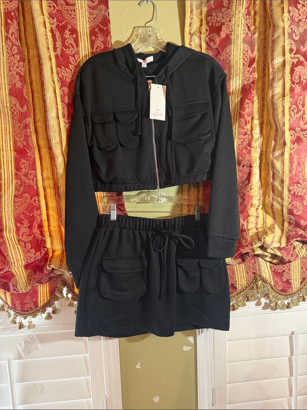 Hot and Delicious Black Hooded Cargo Pocket Jacket and Skort Set
